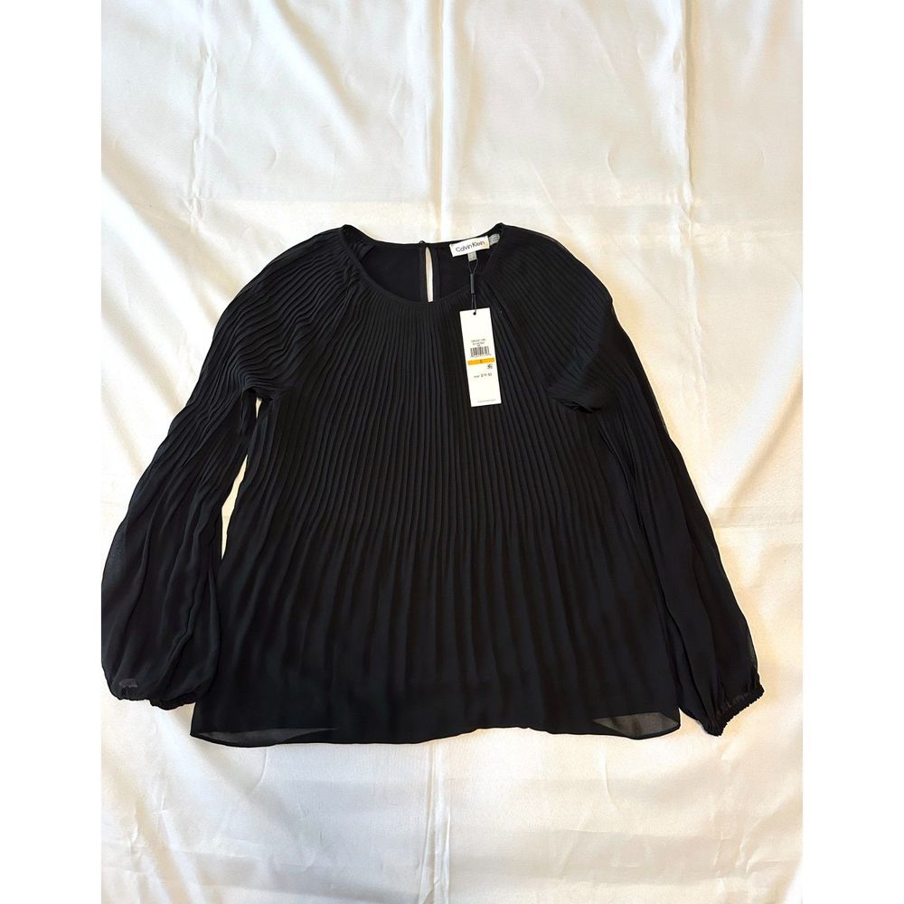 Calvin Klein Women's Long Sleeve Pleated Chiffon Blouse Black Small NWT